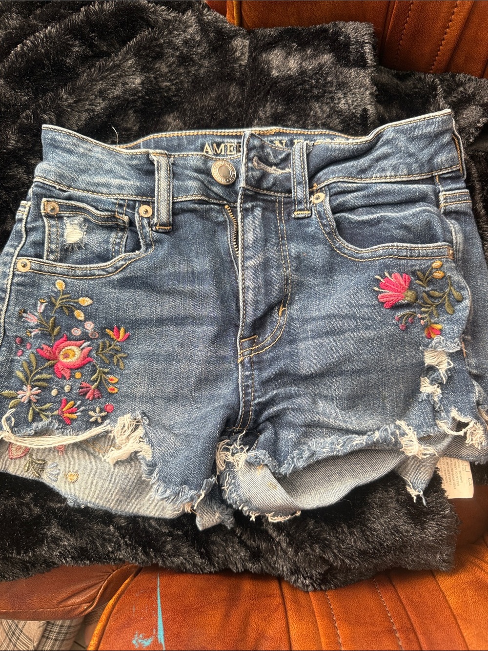 American Eagle Outfitters Blue Denim Shorts with Floral Embroidery